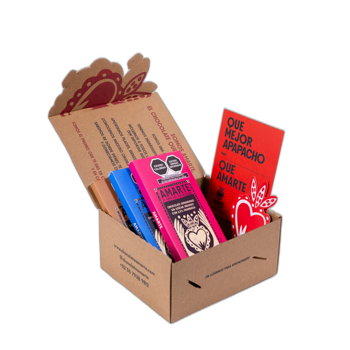 Caja de regalo AMARTE abierta con las tres barras de Los Favoritos