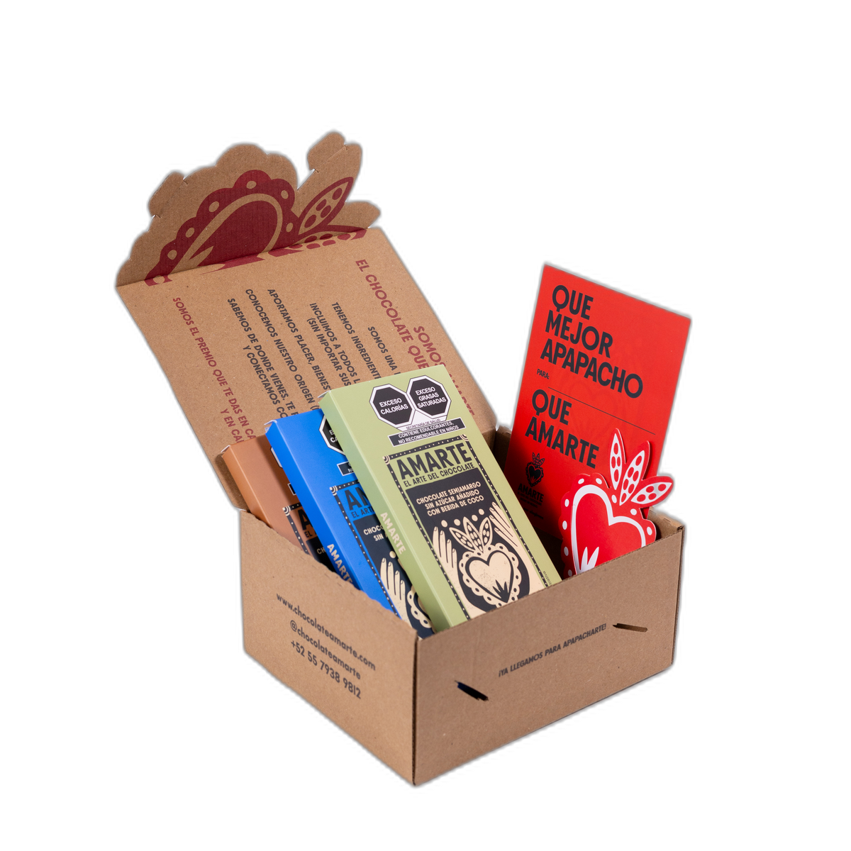 Caja de regalo AMARTE abierta con las tres barras de El confiable