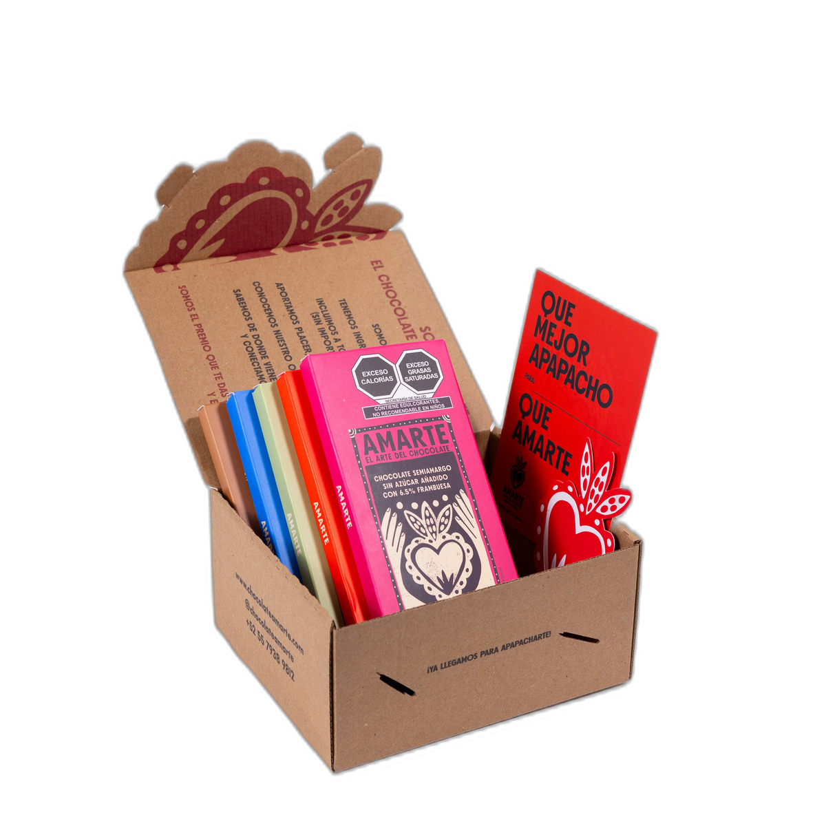 Caja de regalo AMARTE abierta con las cinco barras de la Colección Monkfruit