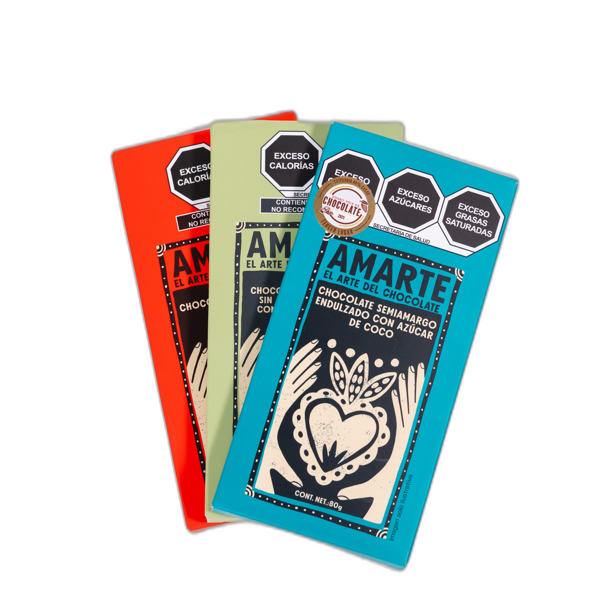 Las tres barras del pack Los Clásicos de AMARTE acomodadas en abanico