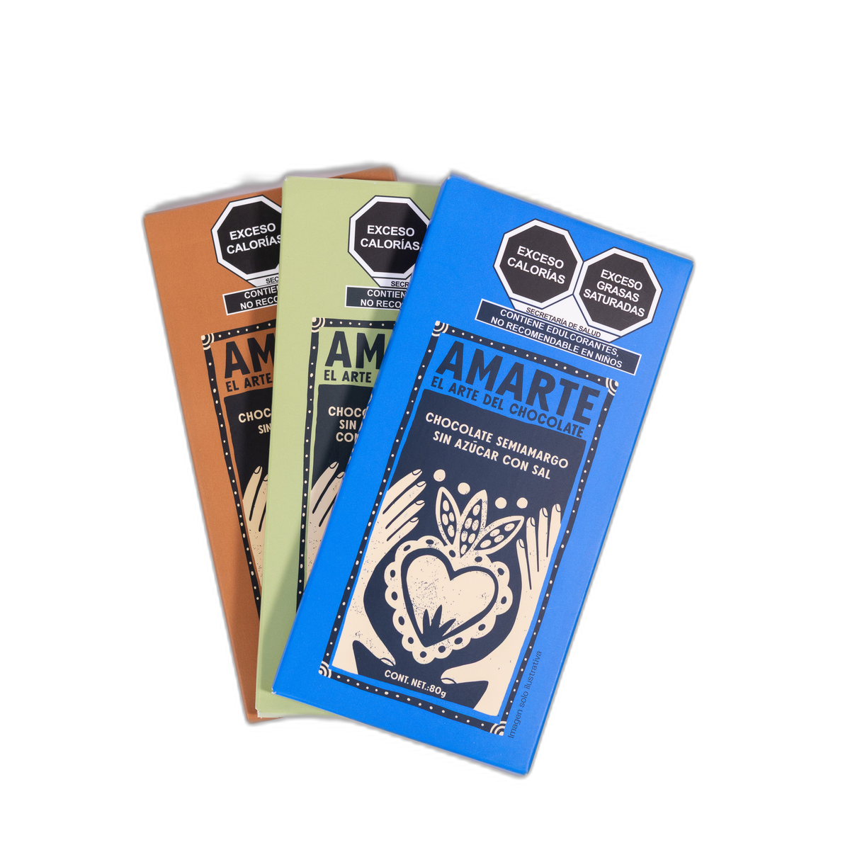 Las tres barras del pack El confiable de AMARTE acomodadas en abanico