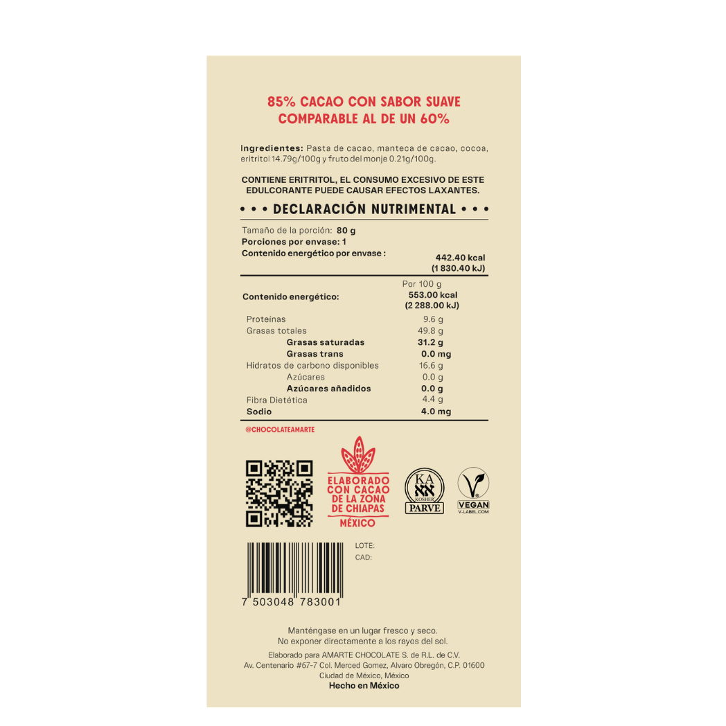 Etiqueta de la barra AMARTE sin azúcar: 85% cacao, ingredientes y declaración nutrimental