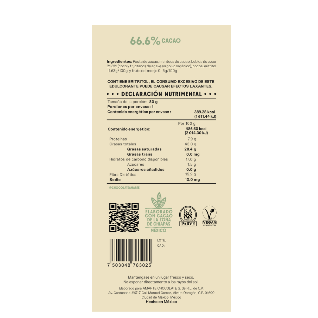 Etiqueta de la barra AMARTE con bebida de coco: 66.6% cacao, ingredientes y declaración nutrimental