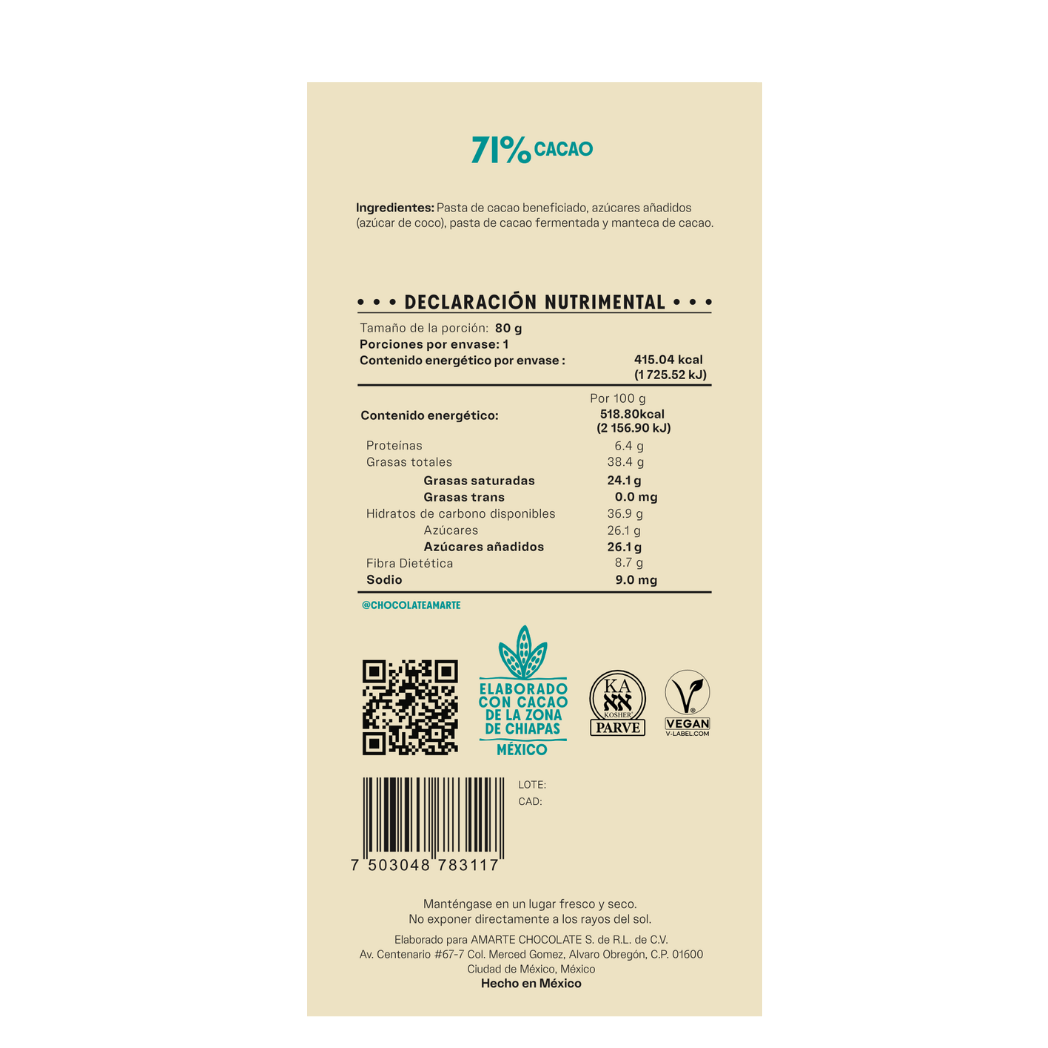 Etiqueta de la barra AMARTE con azúcar de coco: 71% cacao, ingredientes y declaración nutrimental