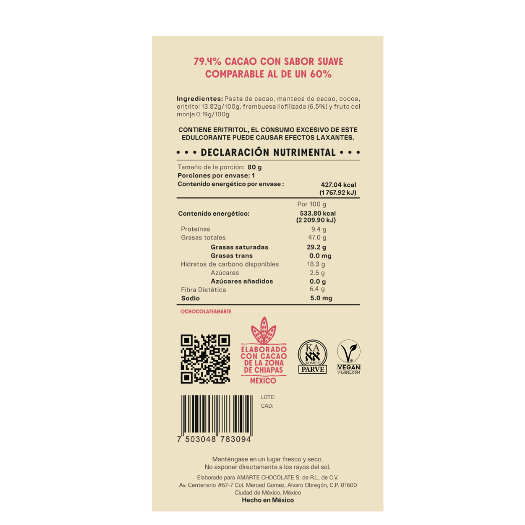 Etiqueta de la barra AMARTE con frambuesa: 79.4% cacao, ingredientes y declaración nutrimental