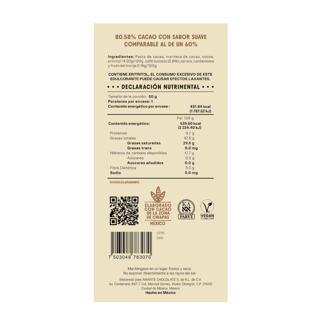 Etiqueta de la barra AMARTE con café: 80.58% cacao, ingredientes y declaración nutrimental
