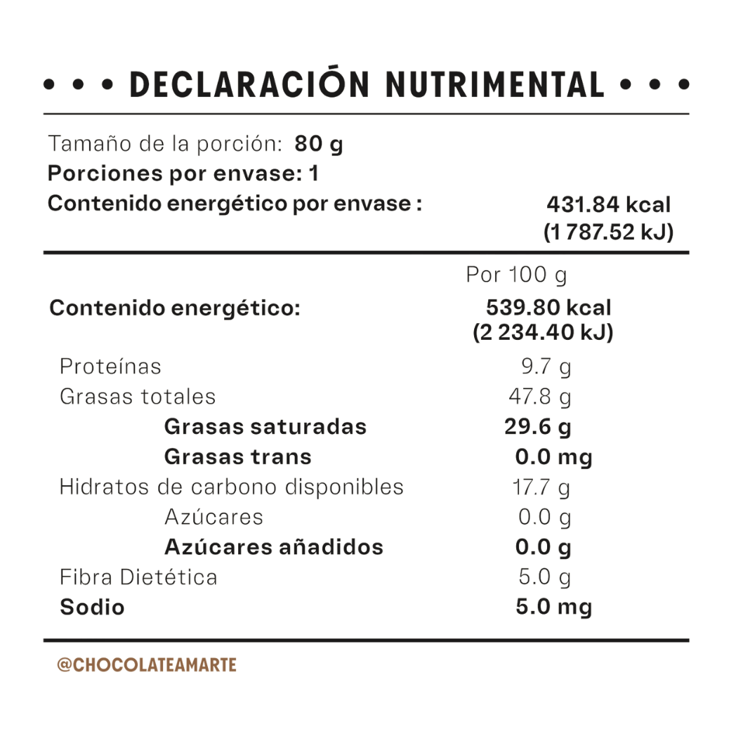 Declaración nutrimental ampliada de la barra AMARTE con café
