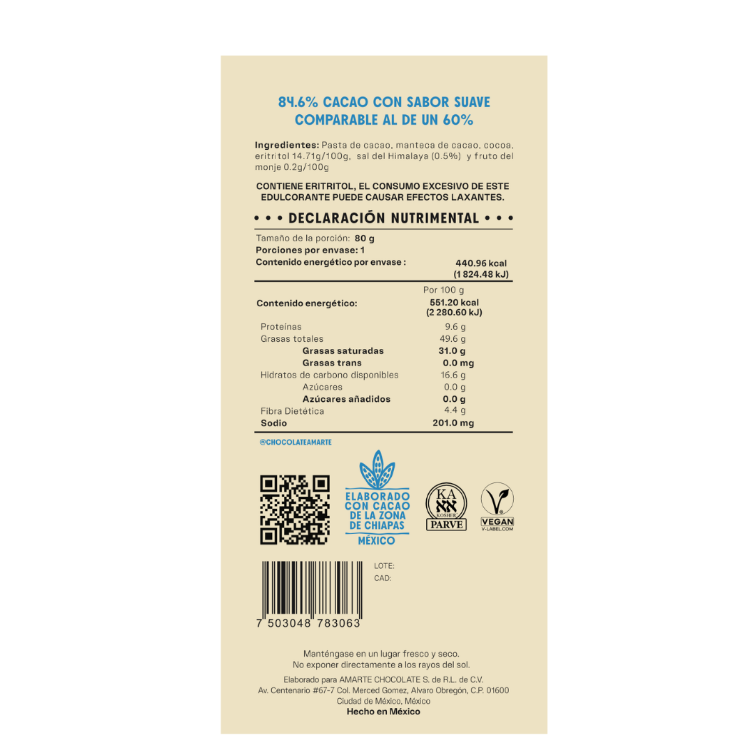 Etiqueta de la barra AMARTE con sal: 84.6% cacao, ingredientes y declaración nutrimental