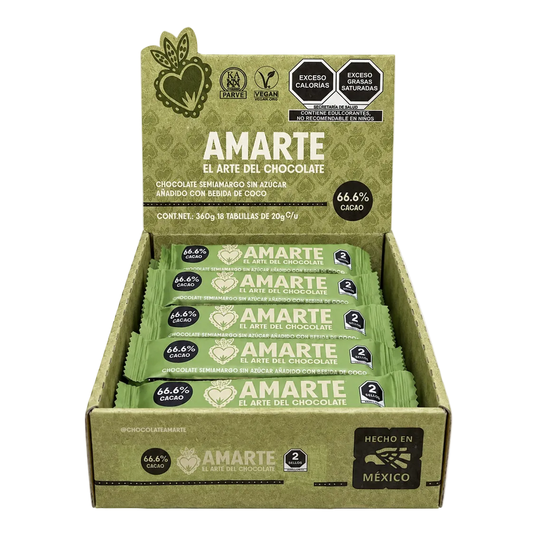 Exhibidor con barritas de 20 g AMARTE con bebida de coco