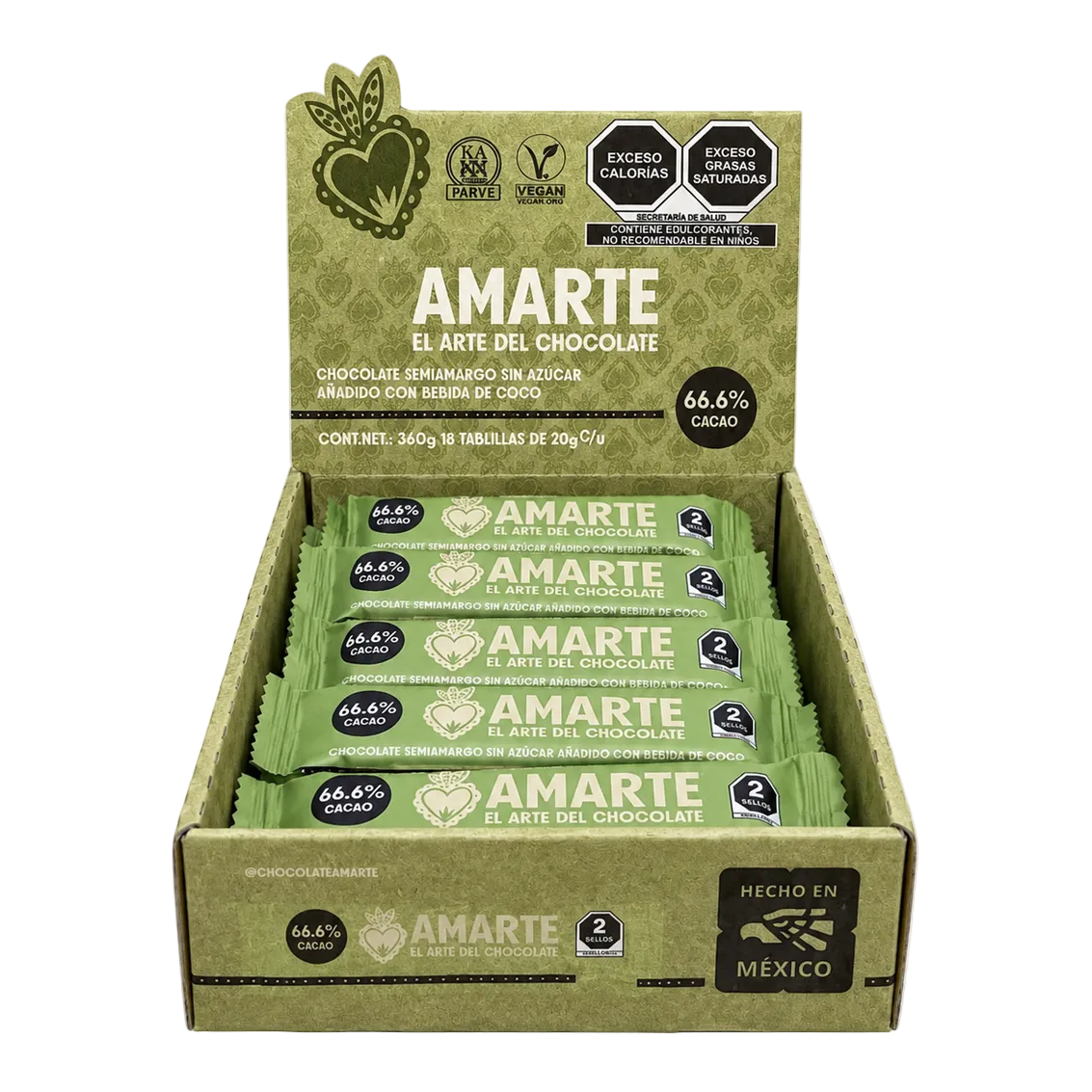 Exhibidor con barritas de 20 g AMARTE con bebida de coco