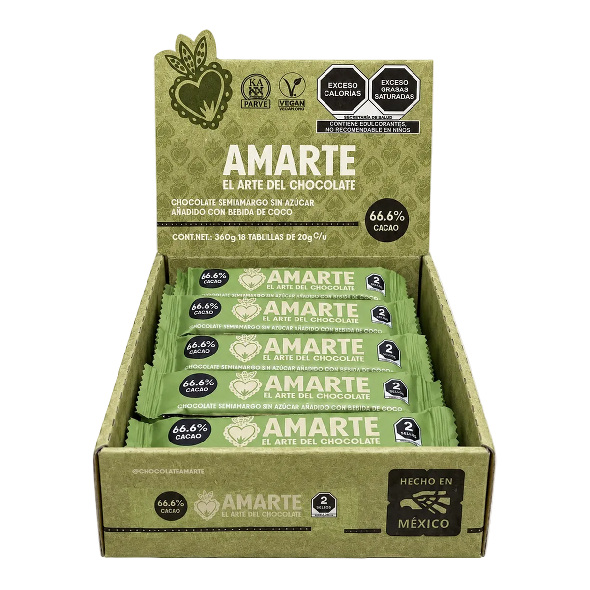 Exhibidor con barritas de 20 g AMARTE con bebida de coco