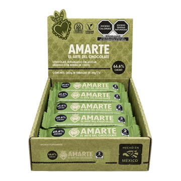 Exhibidor con barritas de 20 g AMARTE con bebida de coco