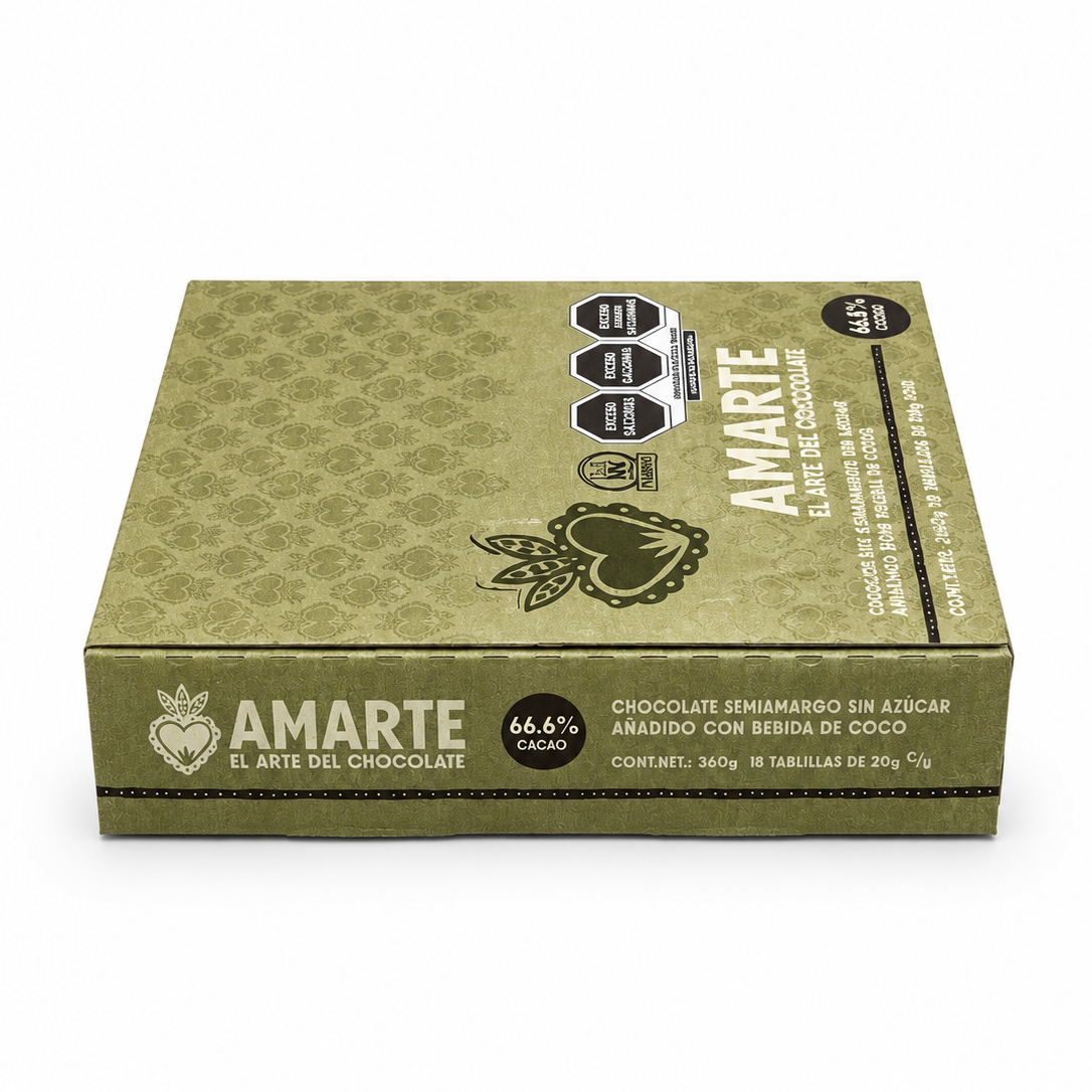 Caja cerrada de 18 barritas AMARTE con bebida de coco, vista superior