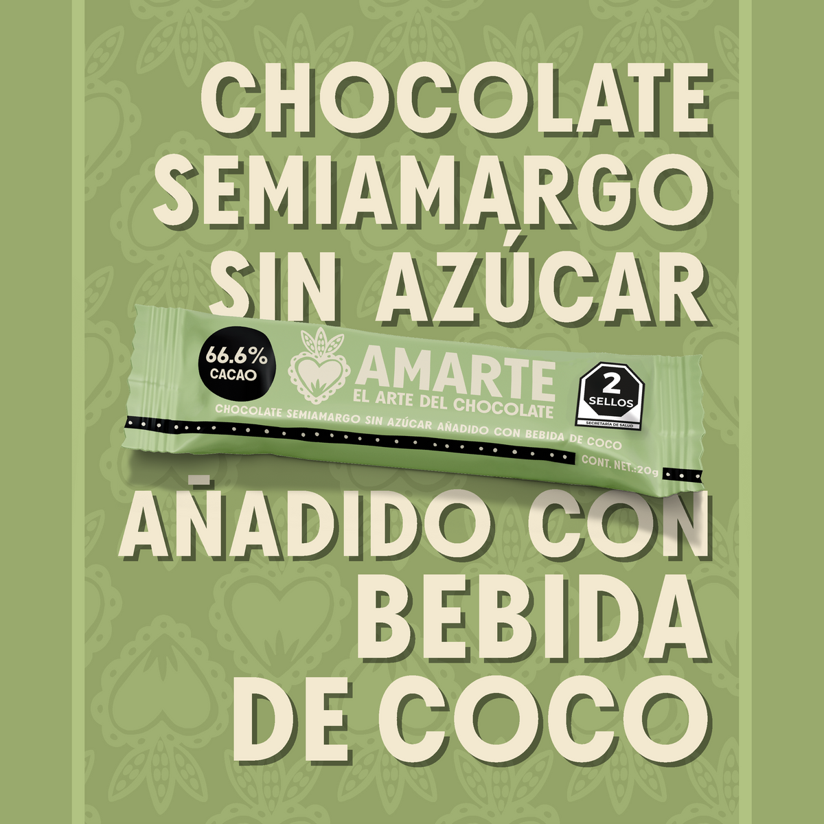 Gráfico promocional de la barrita de 20 g AMARTE con bebida de coco