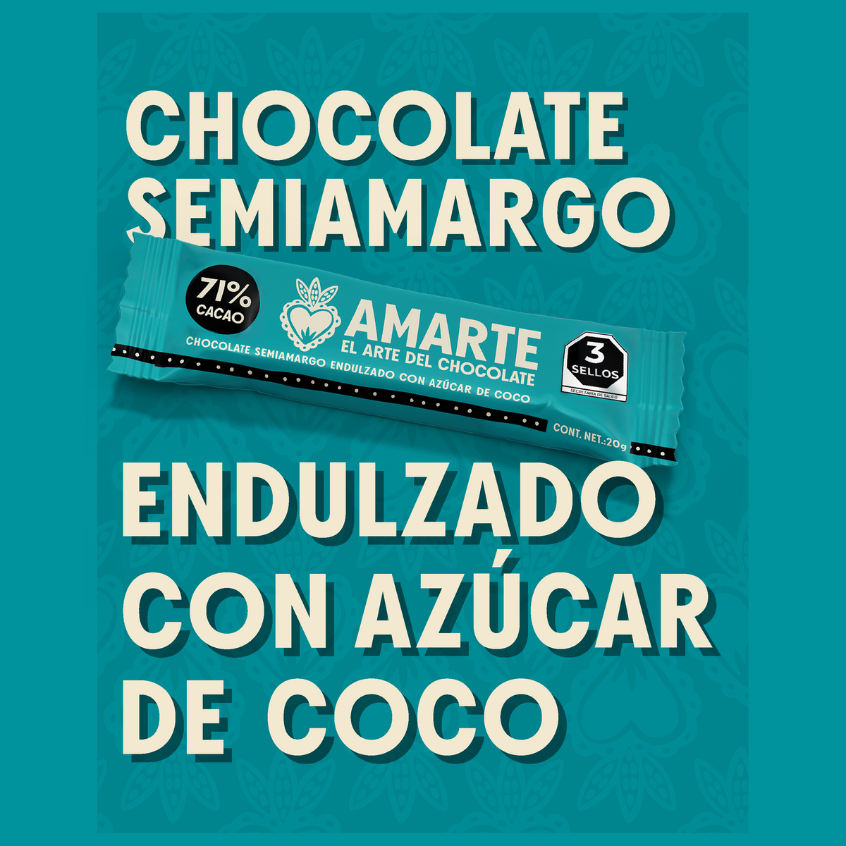 Barrita de 20 g AMARTE con azúcar de coco sobre fondo blanco