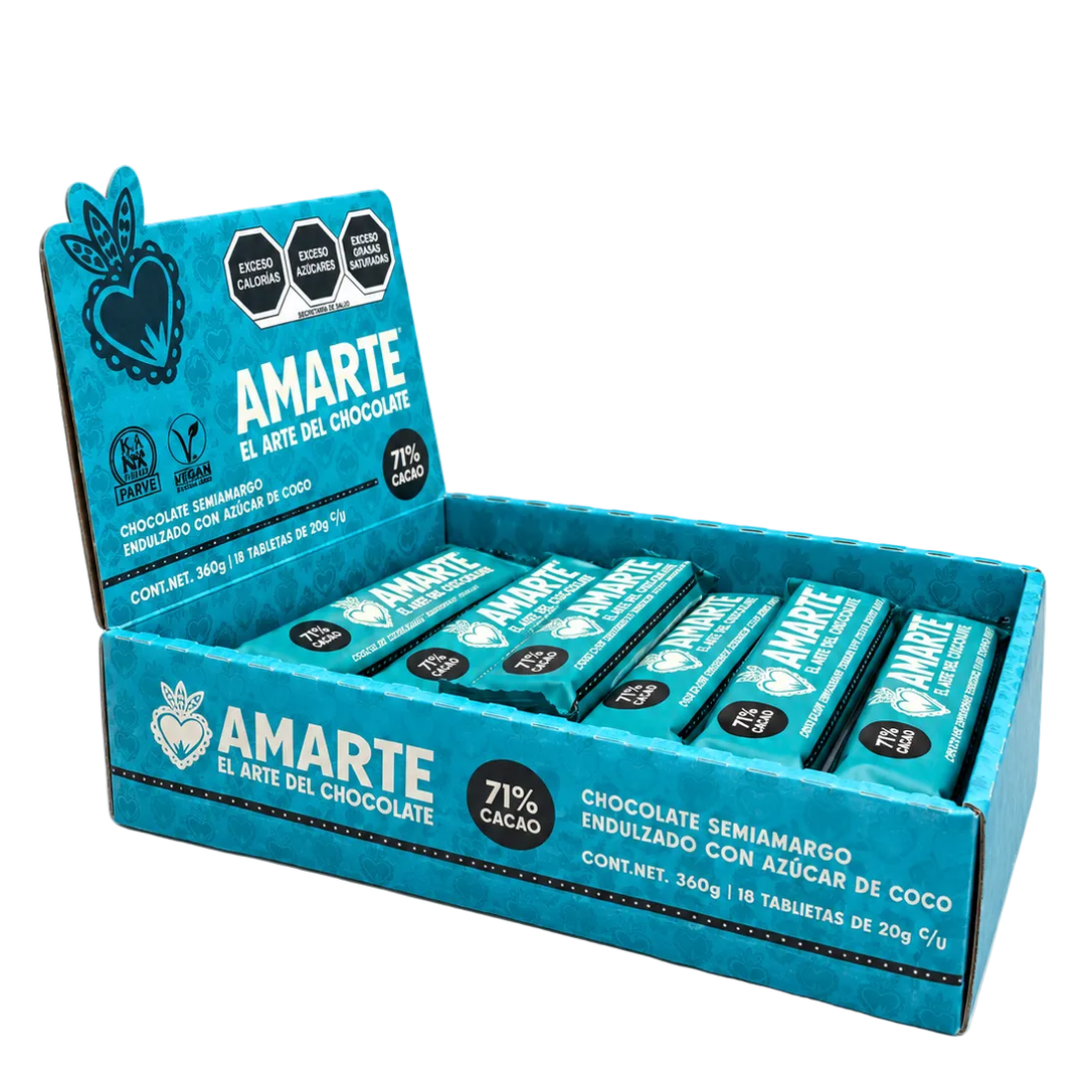 Caja de 18 barritas AMARTE con azúcar de coco abierta, vista de tres cuartos