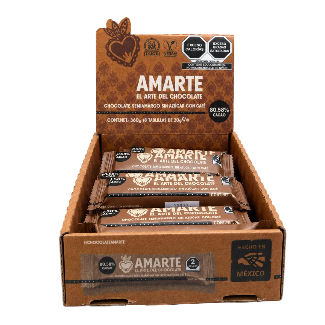 Caja de 18 barritas AMARTE con café abierta, vista frontal
