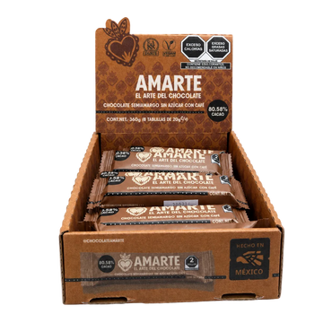 Caja de 18 barritas AMARTE con café abierta, vista frontal