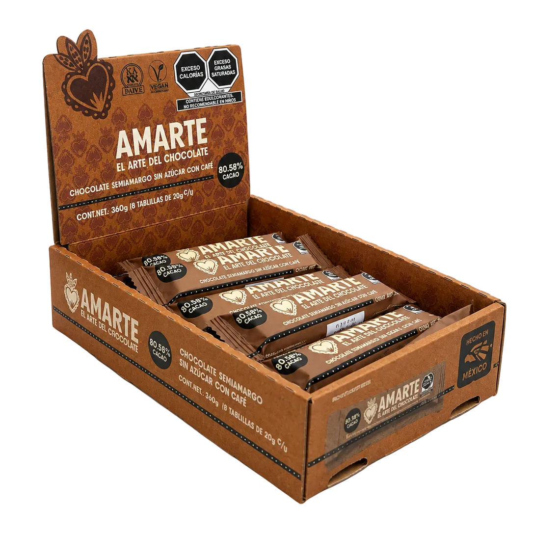 Caja de 18 barritas AMARTE con café abierta, vista de tres cuartos