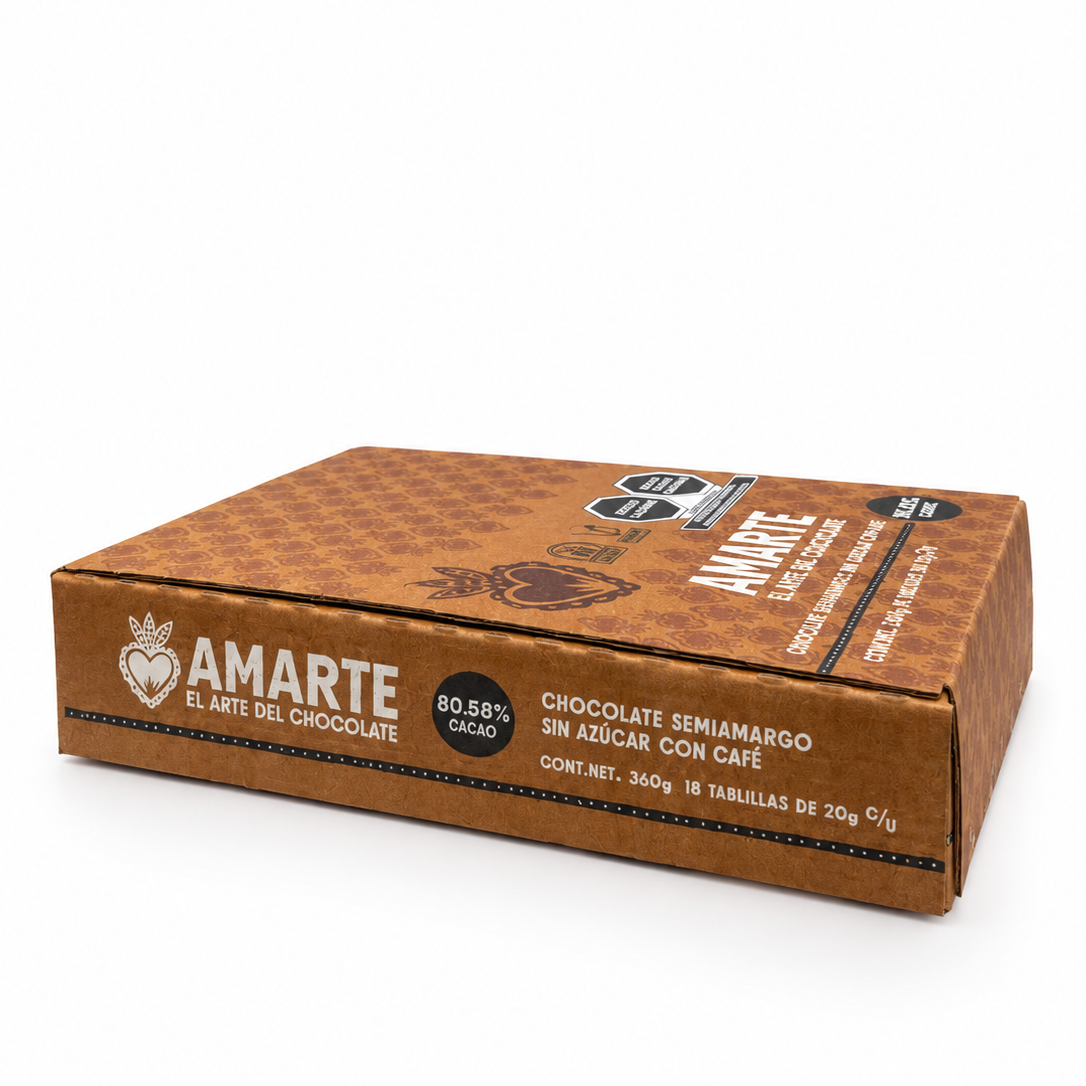 Caja de 18 barritas AMARTE con café, vista lateral