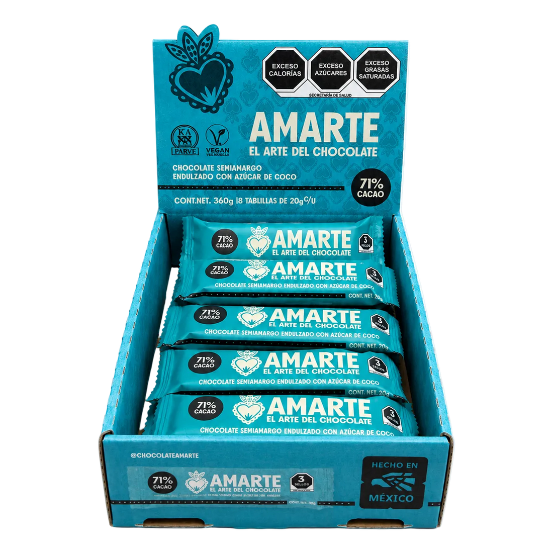 Caja de 18 barritas AMARTE endulzadas con azúcar de coco abierta, vista frontal
