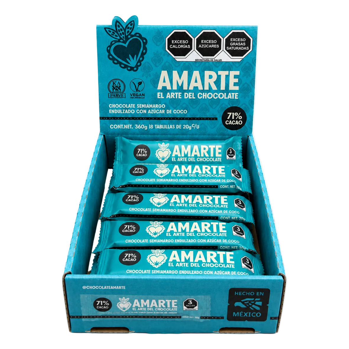 Caja de 18 barritas AMARTE endulzadas con azúcar de coco abierta, vista frontal