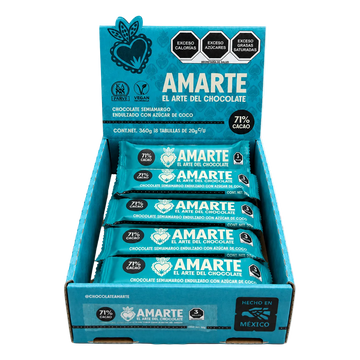 Caja de 18 barritas AMARTE endulzadas con azúcar de coco abierta, vista frontal