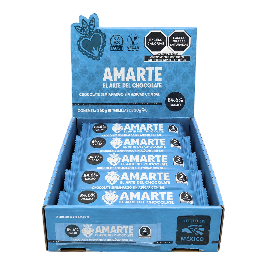 Caja de 18 barritas AMARTE con sal abierta, vista de tres cuartos