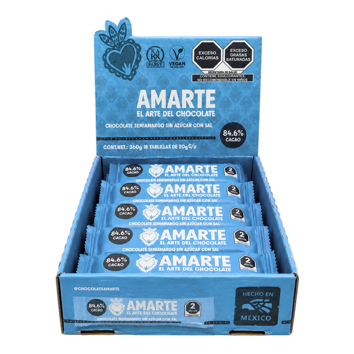 Caja de 18 barritas AMARTE con sal abierta, vista de tres cuartos