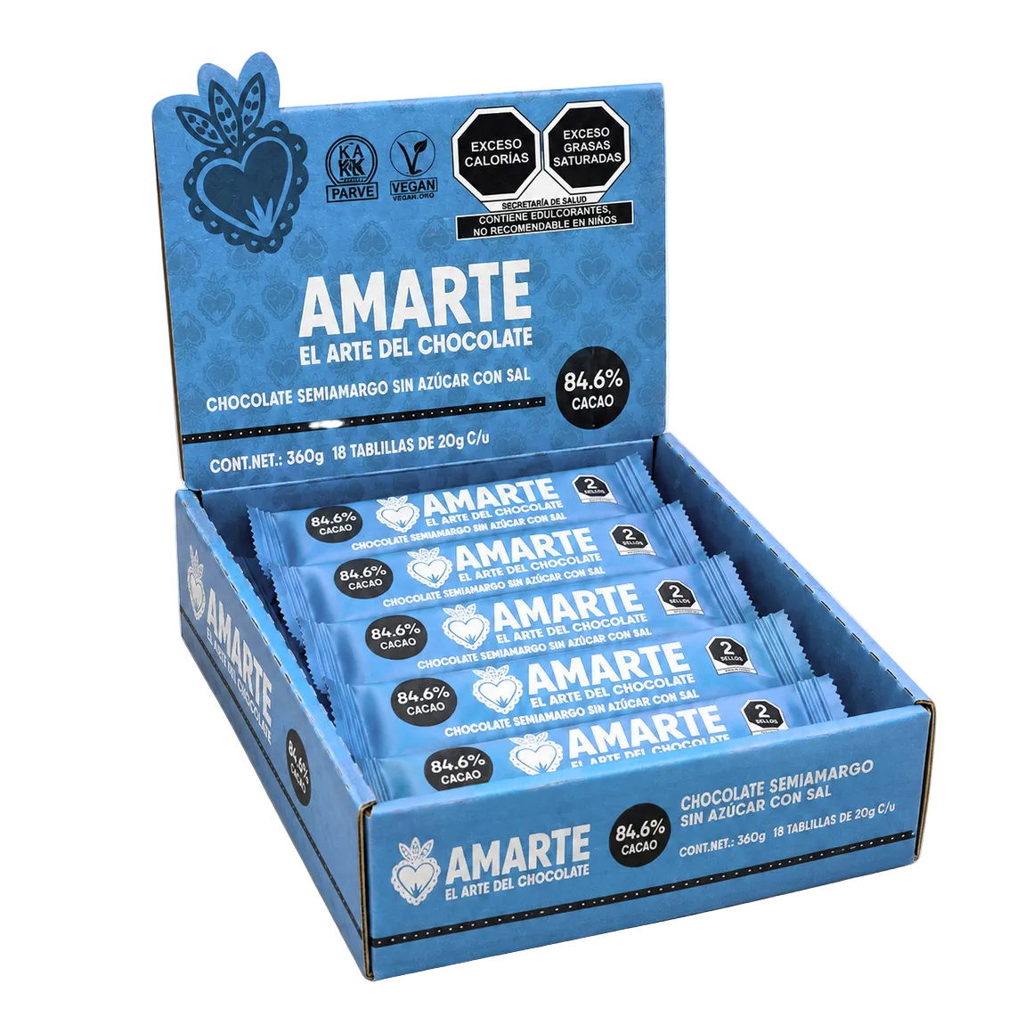 Caja de 18 barritas AMARTE con sal abierta, vista desde arriba