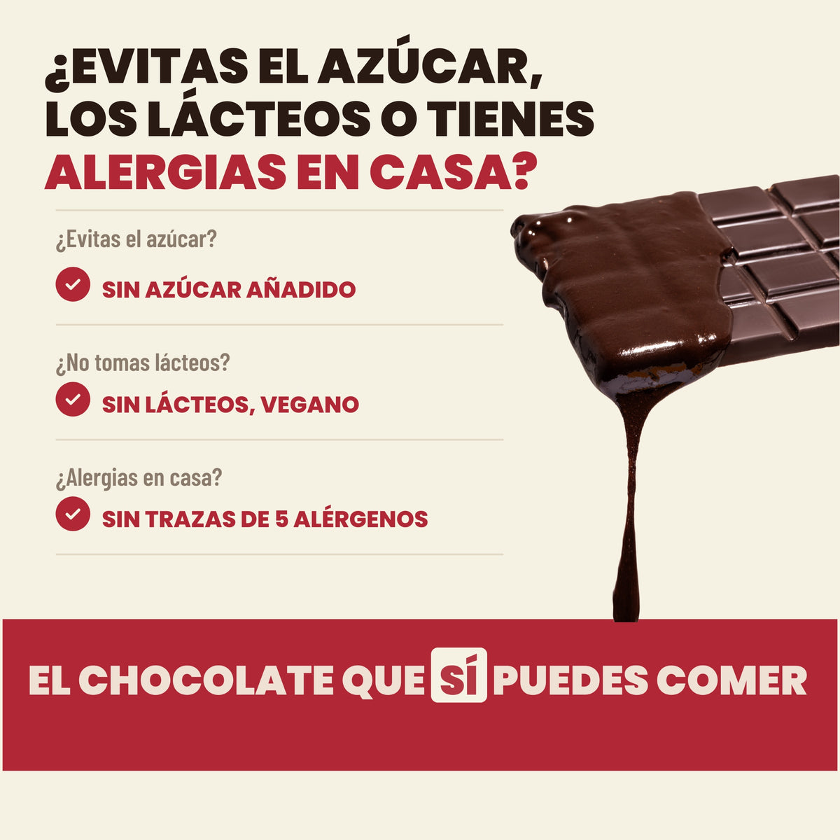 ¿Evitas el azúcar, los lácteos o tienes alergias en casa? Chocolate AMARTE sin azúcar añadido, sin lácteos, vegano y sin trazas de 5 alérgenos
