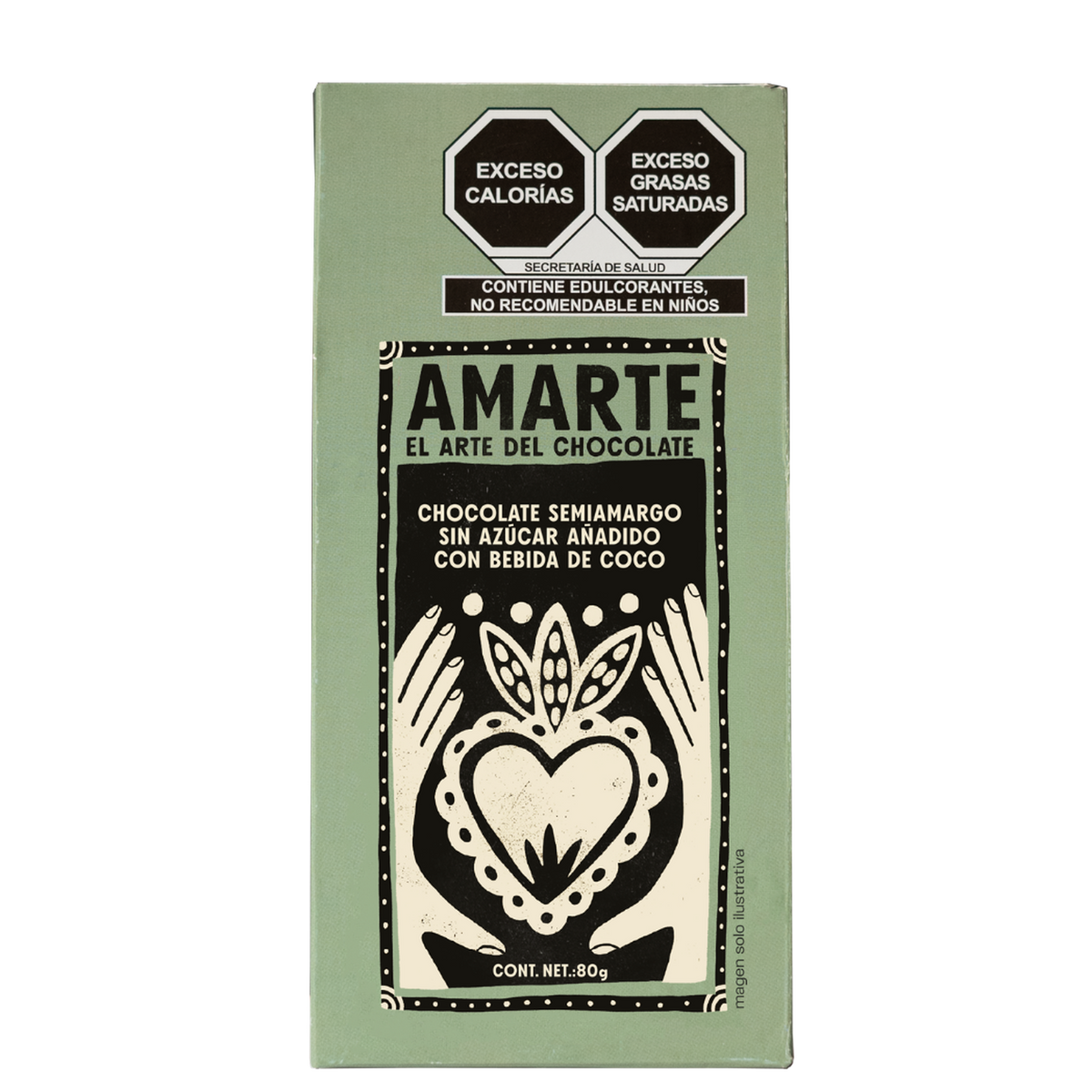 Chocolate semiamargo sin azúcar añadido con bebida de coco AMARTE: empaque de 80 g