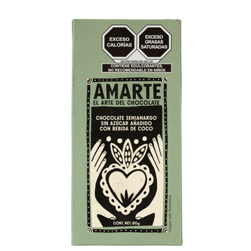 Chocolate semiamargo sin azúcar añadido con bebida de coco AMARTE: empaque de 80 g