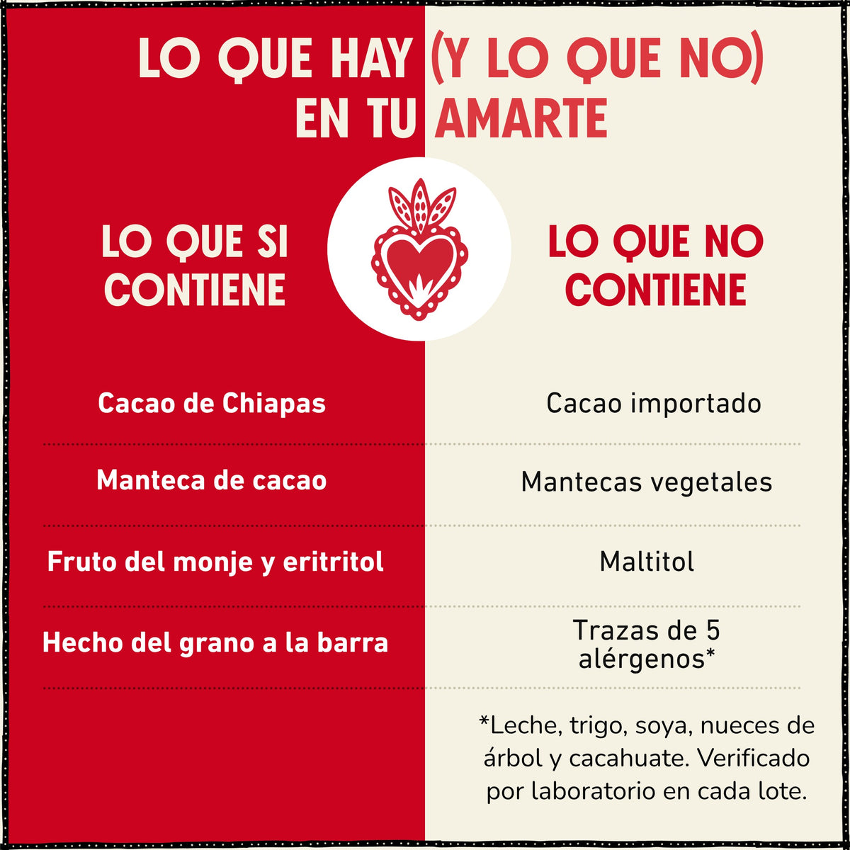 Lo que contiene el chocolate AMARTE: cacao de Chiapas, manteca de cacao, fruto del monje y eritritol. No contiene maltitol, mantecas vegetales ni trazas de 5 alérgenos