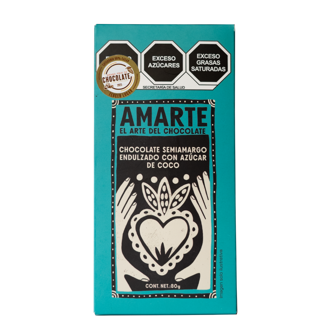 Barra de chocolate AMARTE semiamargo endulzado con azúcar de coco, 80 g
