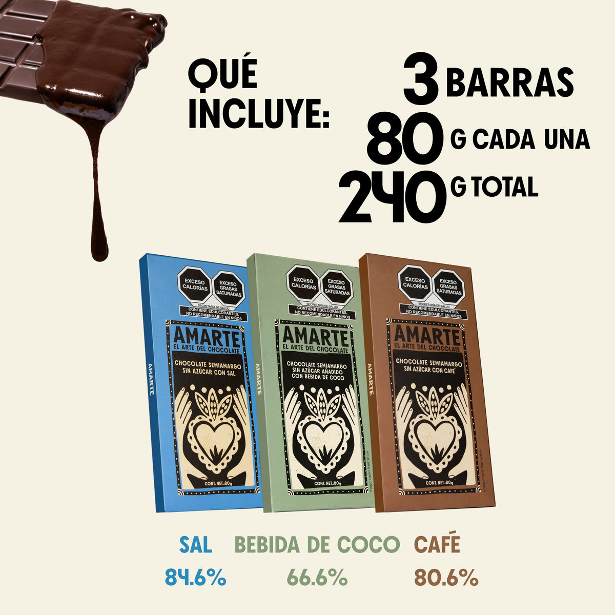 Qué incluye El confiable: 3 barras de 80 g (sal, bebida de coco y café), 240 g en total