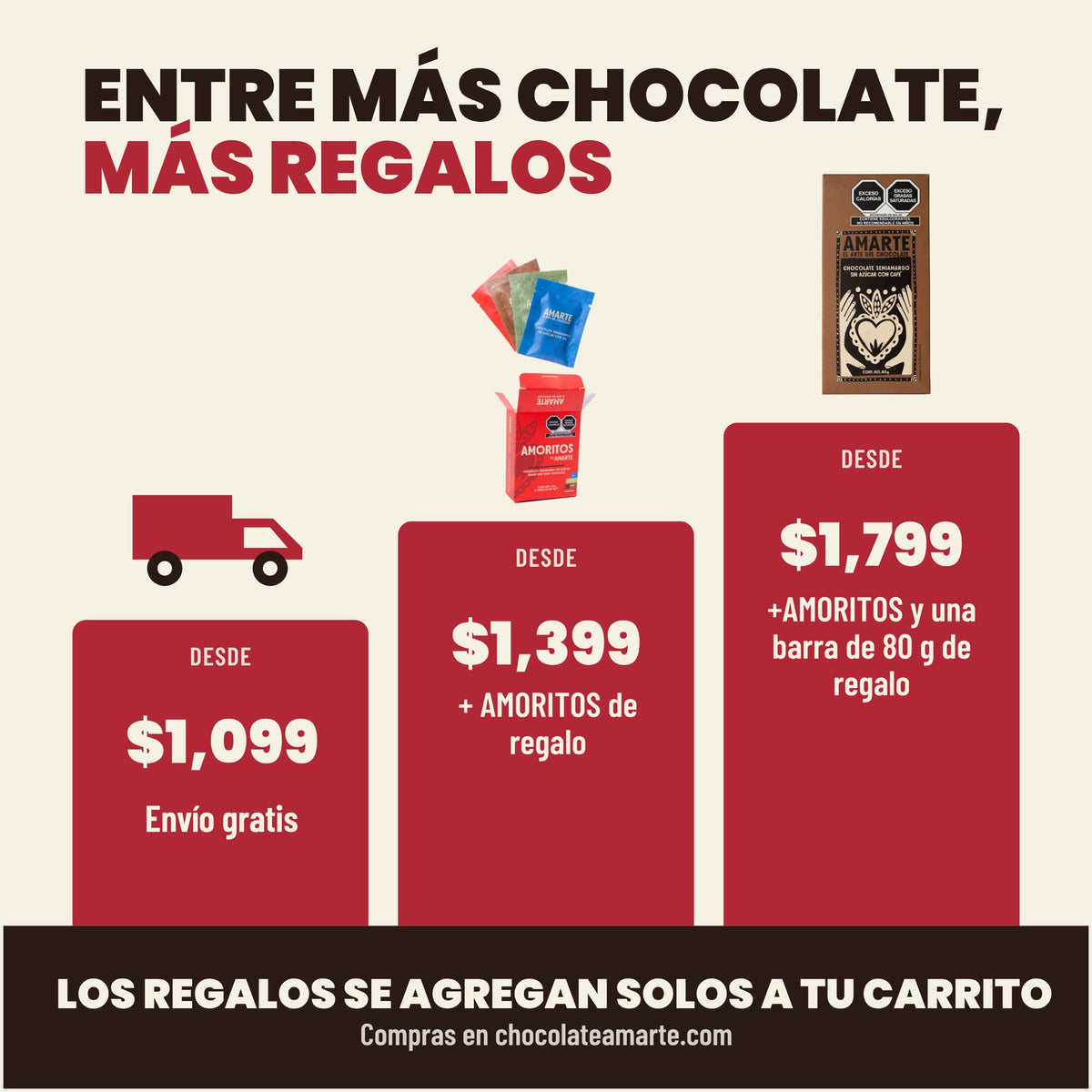 Entre más chocolate, más regalos: envío gratis desde $1,099, AMORITOS de regalo desde $1,399 y AMORITOS más una barra de 80 g de regalo desde $1,799