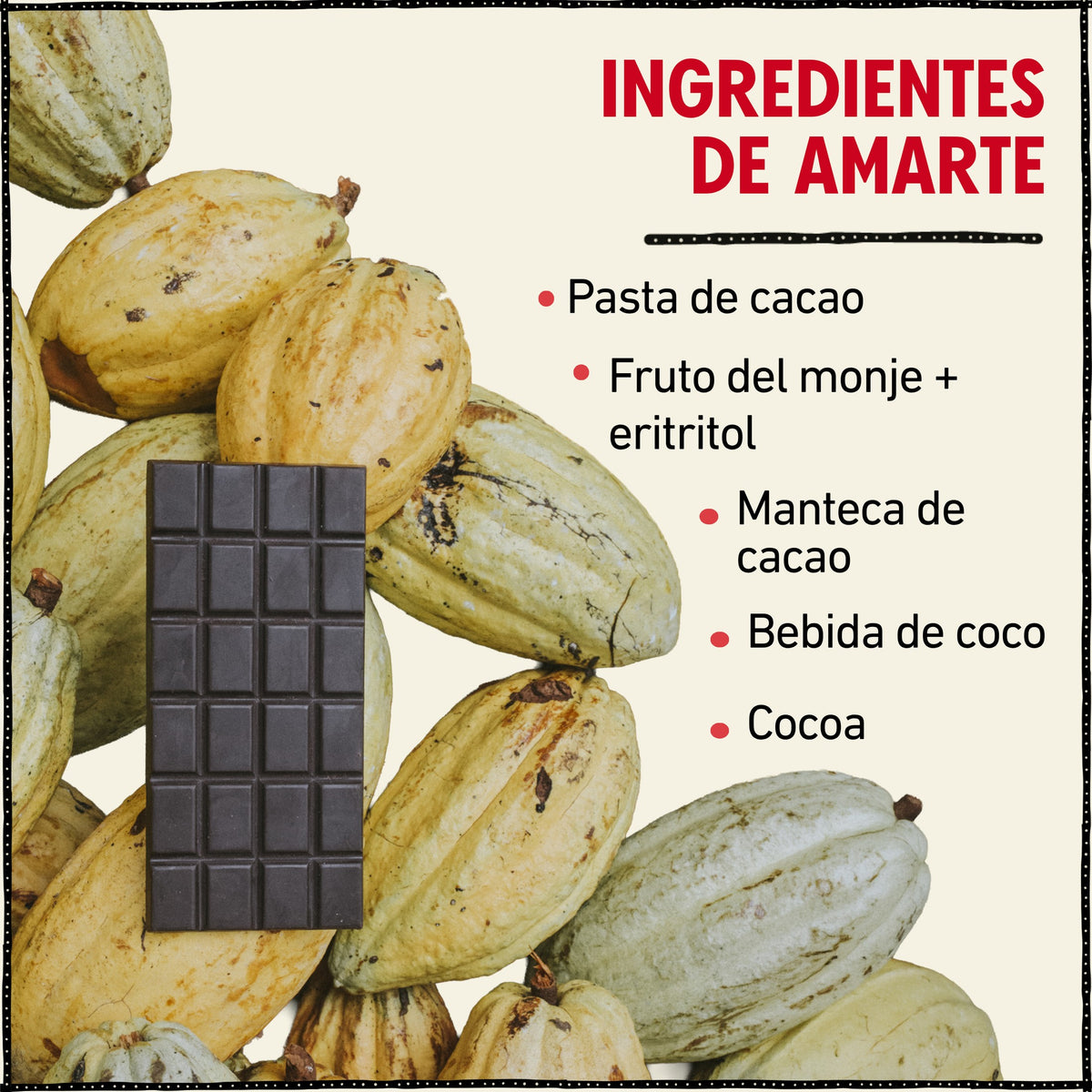 Ingredientes del chocolate vegano sin azúcar añadido con bebida de coco AMARTE