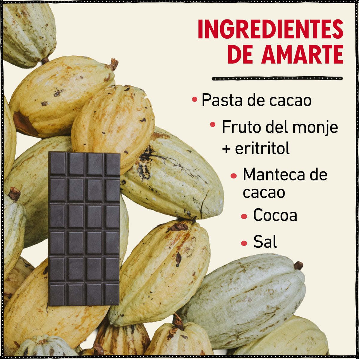 Ingredientes del chocolate semiamargo sin azúcar con sal AMARTE