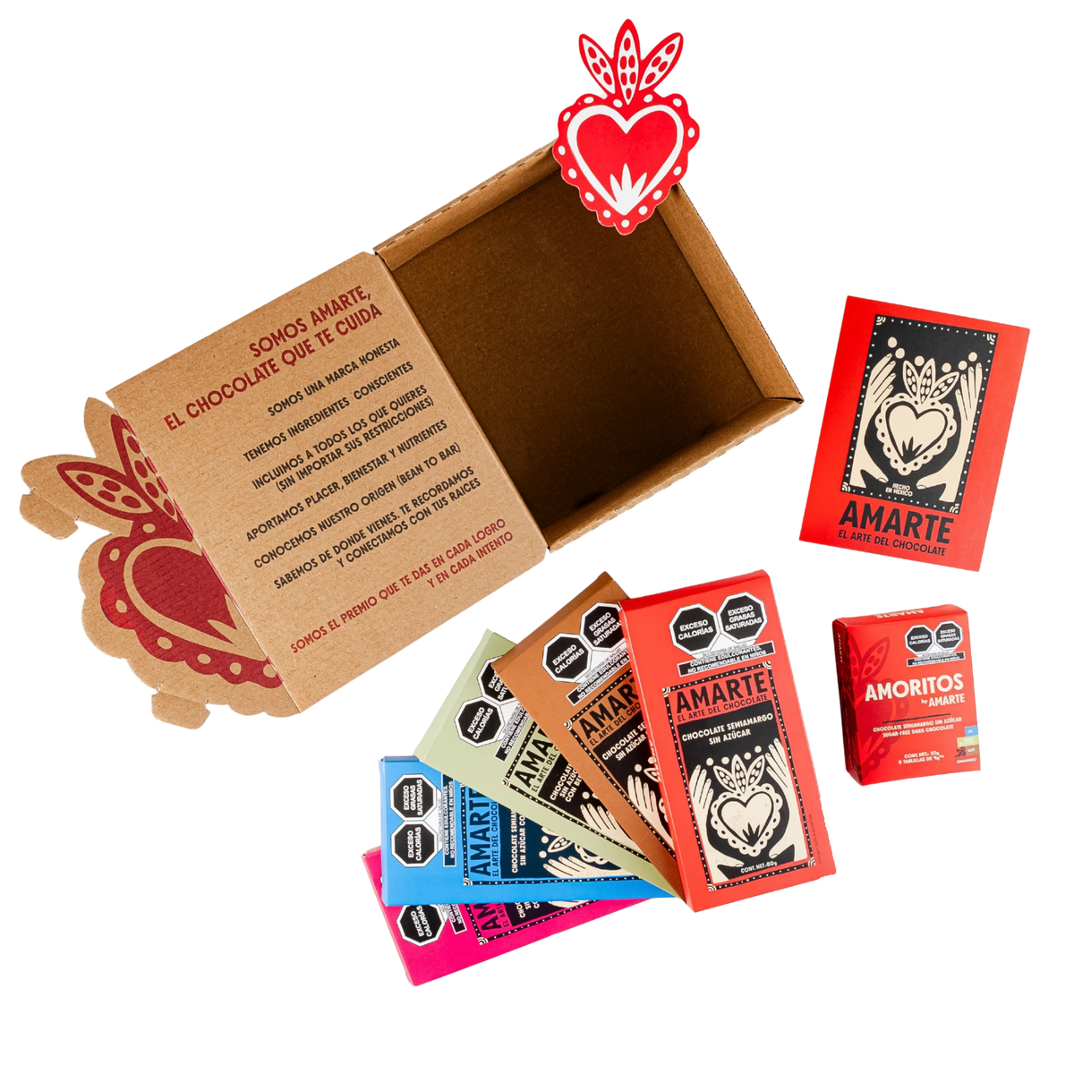 Pack de Bienvenida AMARTE: 5 barras de 80 g, AMORITOS, postal y separador